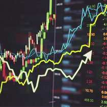 Stock market graph going up on screen