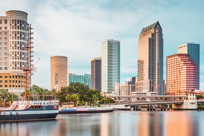 Tampa cityscape with blue sky at sunset