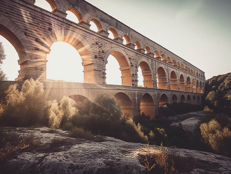 A Panoramic Showcasing the Stunning Pont du Gard, France's Finest Roman Aqueduct