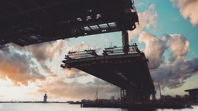 construction bridge crossing, ST. PETERSBURG, RUSSIA - JULY 13, 2016: construction bridge crossing, This toll highway will connect the southwest of city with the Ring Road