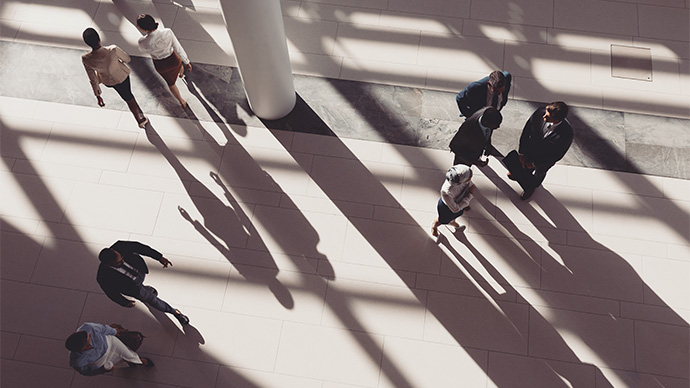High angle view of business executives in lobby