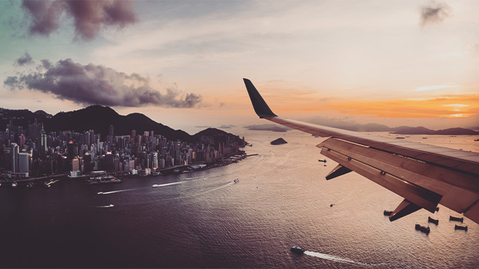 Window view from jet aircraft fling over Hong Kong 