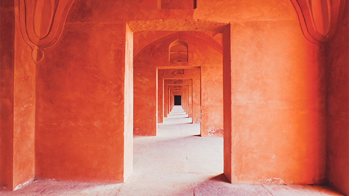 Architectural detail of diminishing doorways at the Taj Mahal in Agra, India.