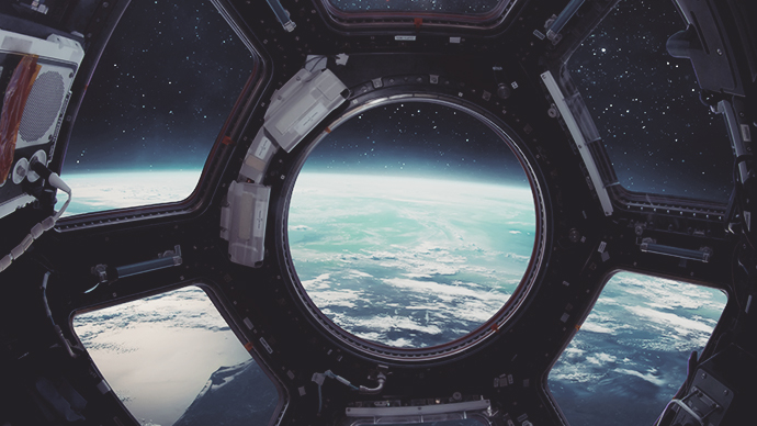 Earth planet view from ISS porthole. 