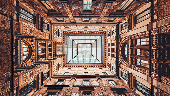 Sciarra Gallery (Galleria Sciarra) facade and ceiling, low angle view, Rome, Italy