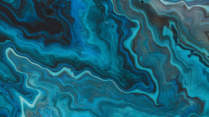 Fluid art background in blue tints with gilding. Flowing wave effect of liquid ink. Aquamarine azure turquoise cyan mix with gold dust. Abstract texture of acrylic paints on canvas. Surreal wallpaper.
