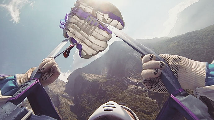 Parachute opening, view from skydiver's perspective
