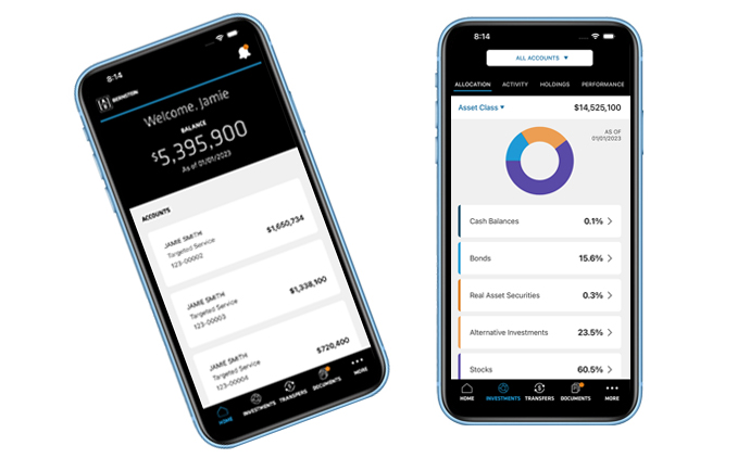 Bernstein App on two phones: account summary and asset allocation