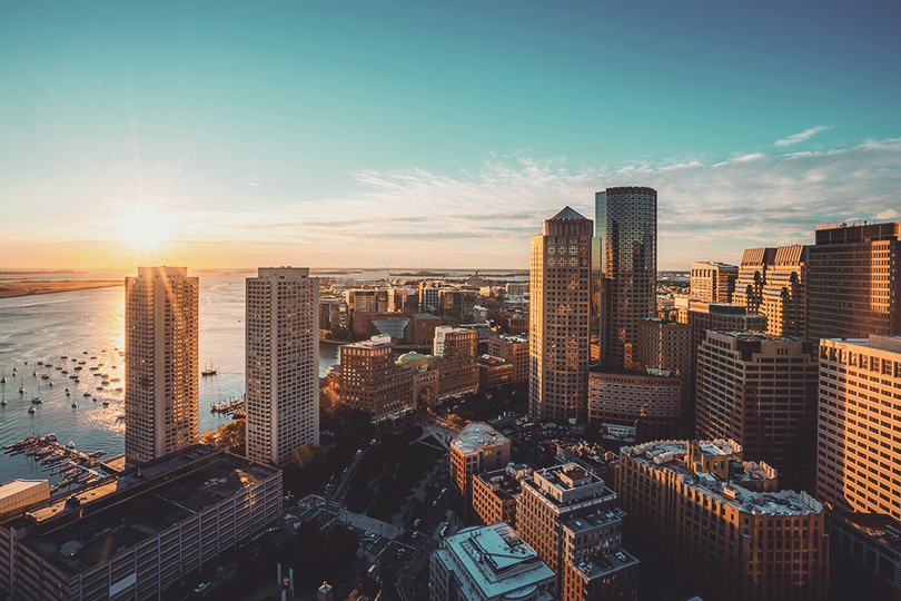 overlooking the boston harbor, buildings in back