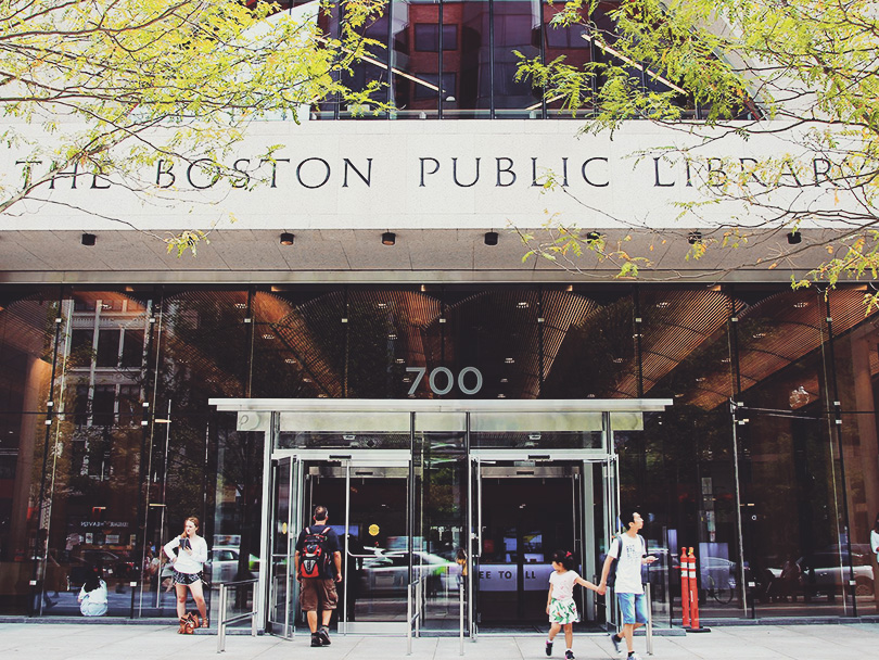 front of the library on a spring day