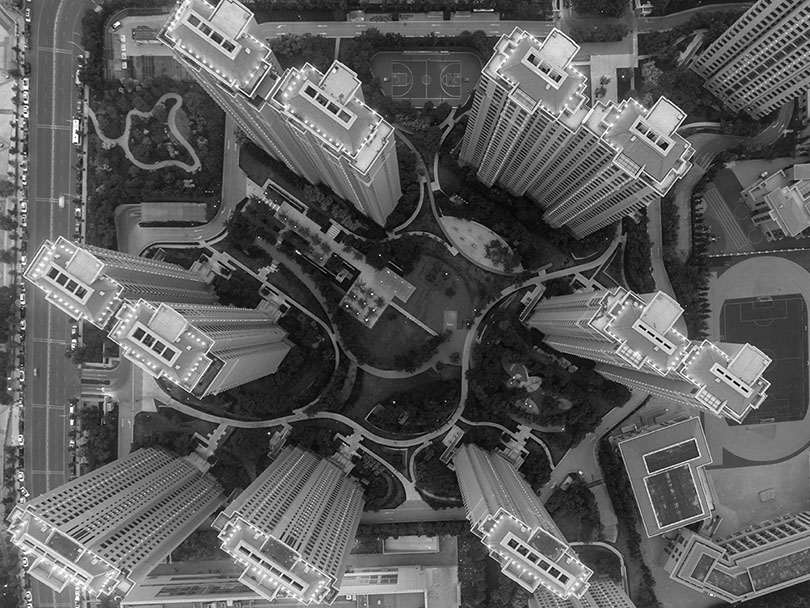 Birdseye view of buildings and park