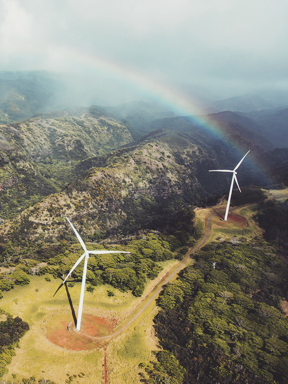 Rainbow over windmills in a deep, picturesque valley in Hawaii.