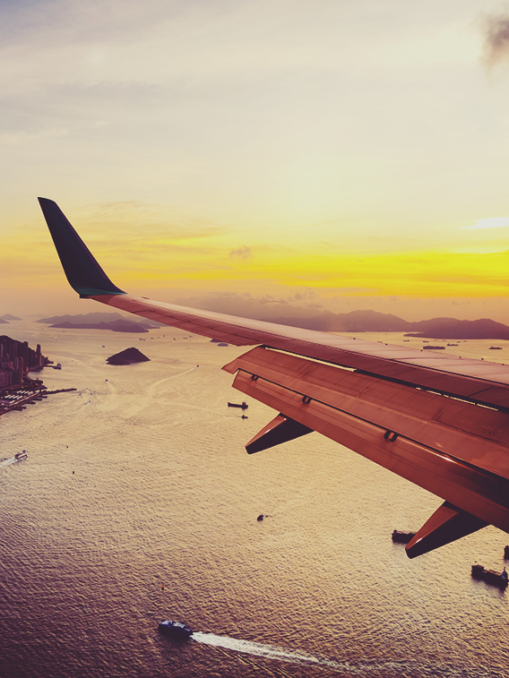 View from airplane window. Flying over Hong Kong city