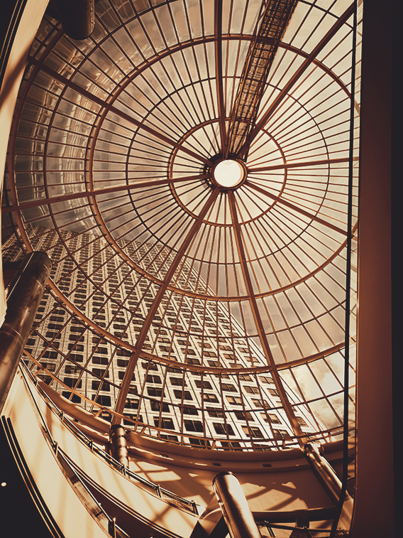 futuristic architecture in sunset light, toned image,