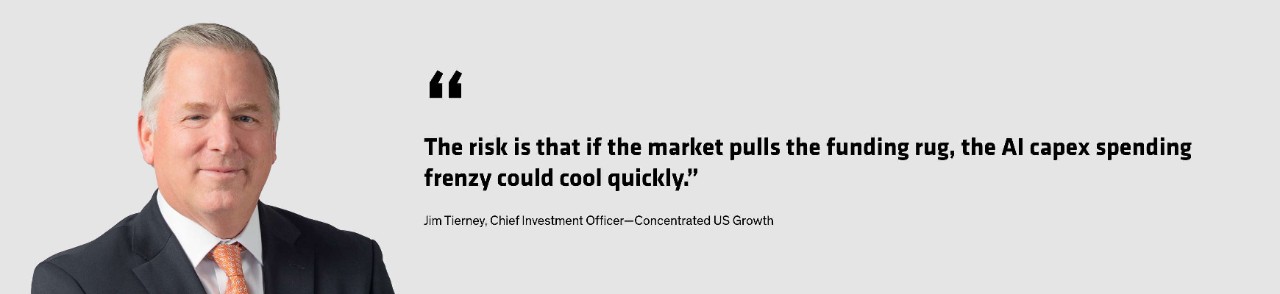 Jim Tierney quote: "The risk is that if the market pulls the funding rug, the AI capex spending frenzy could cool quickly."